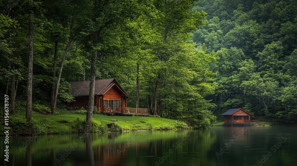 Poster serene riverfront cabins surrounded by lush greenery and tranquil waters in a picturesque forest set