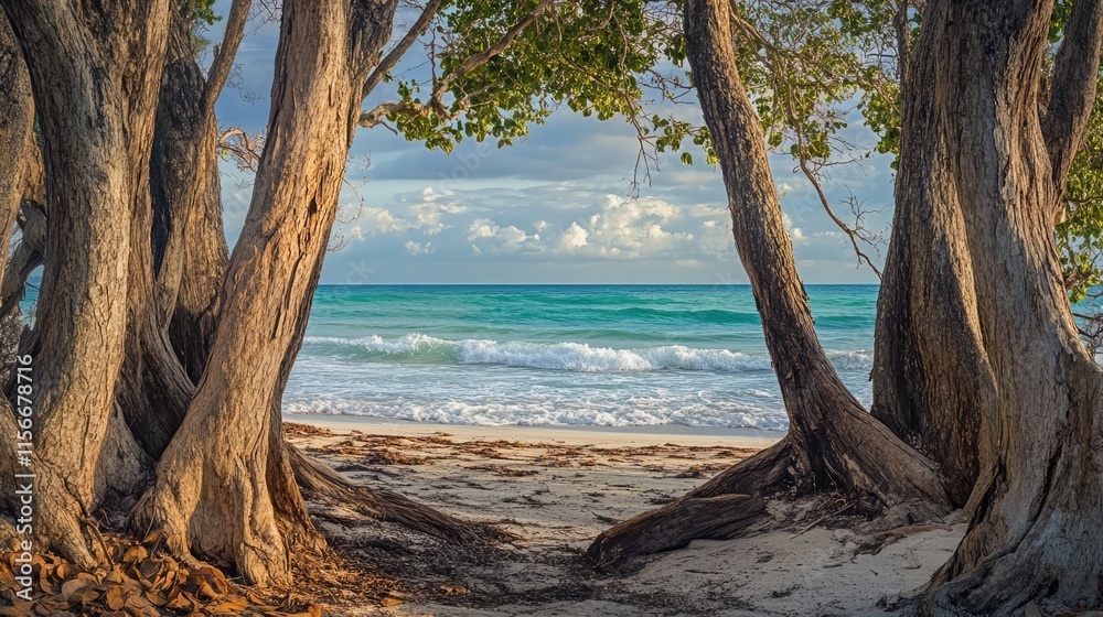Aufkleber beachview through tree trunks with crystalline sea and sandy shore under a partly cloudy sky in a se