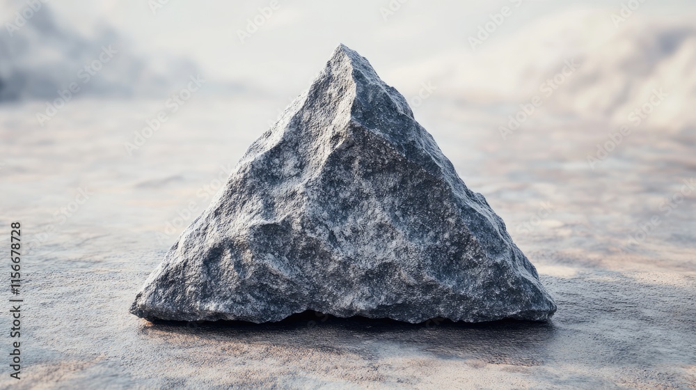 Poster triangle shaped rock on a textured surface with a blurred natural landscape in the background, captu