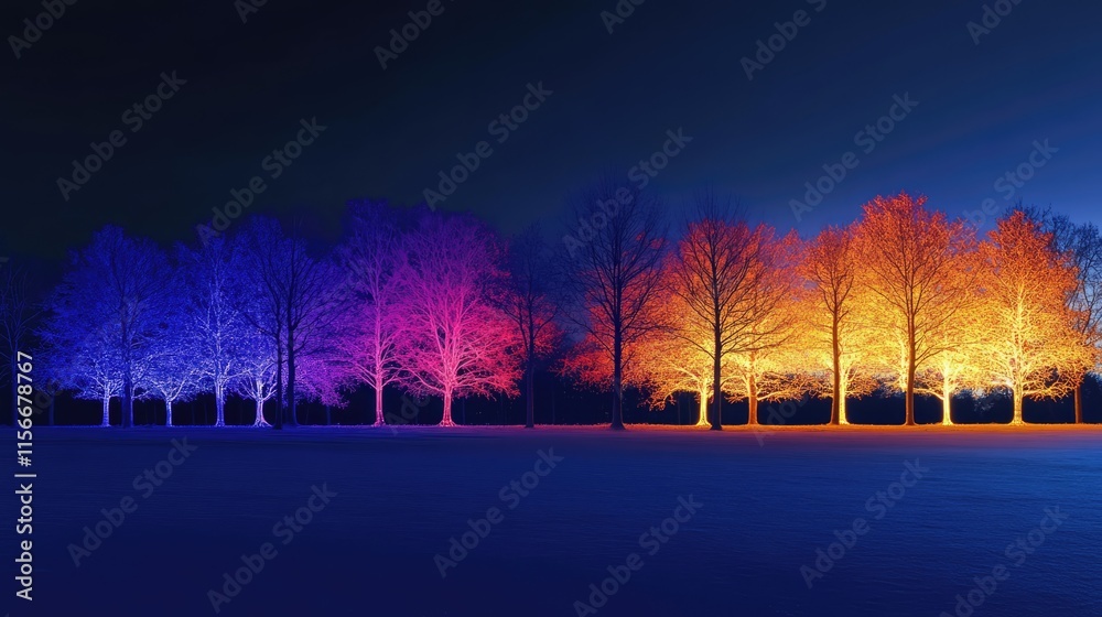 Poster illuminated trees in vibrant colors casting a stunning display against a dark night sky showcasing n
