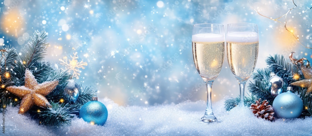Poster champagne flutes surrounded by festive decorations and a dreamy bokeh background of snowflakes and s