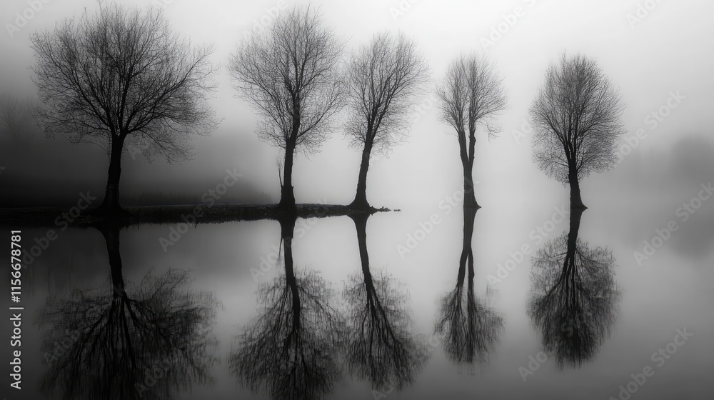 Poster misty lake scene with silhouetted trees reflecting on calm water creating a serene monochrome landsc
