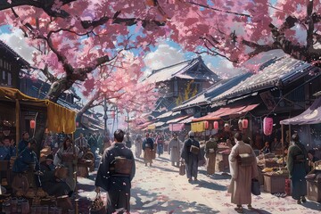 Obraz premium A village market bustling with activity under a canopy of cherry blossoms