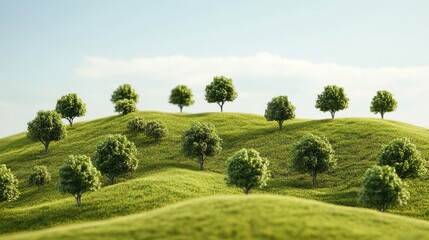 Naklejka premium Lush green hillside with scattered trees under a clear sky in a picturesque rural landscape scene.