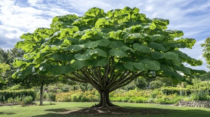 Majestic tree with large green leaves in a serene garden park showcasing nature's beauty and tranquility in outdoor settings.