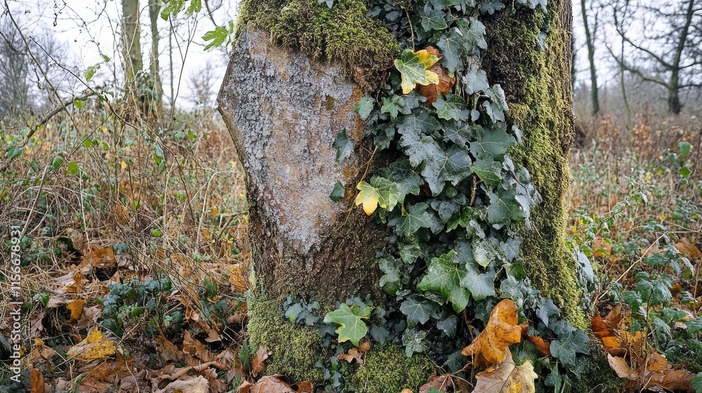 Poster majestic tree trunk adorned with vibrant ivy leaves and soft moss nestled in a serene forest landsca