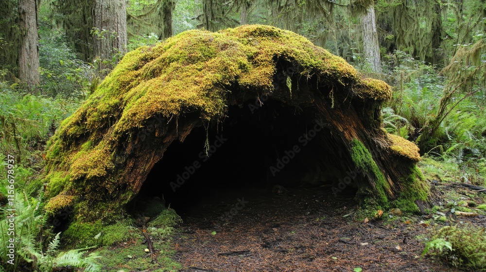 Poster mossy tree trunk creating a natural shelter in a lush forest environment showcasing vibrant greenery