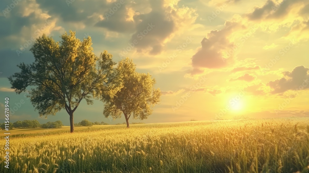 Poster serene landscape with trees golden sunlight and dramatic clouds at sunset in a tranquil field settin
