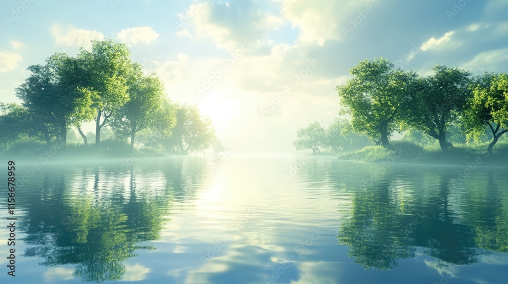 Poster serene landscape with trees reflecting in calm river under soft focus sky creating a tranquil and pi