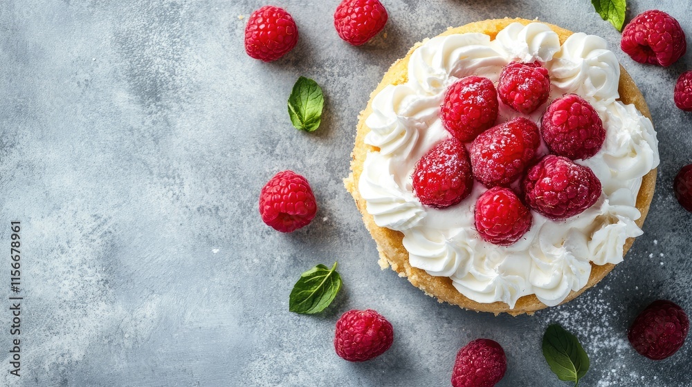 Poster tres leches cake topped with whipped cream and fresh raspberries on a textured gray concrete backgro