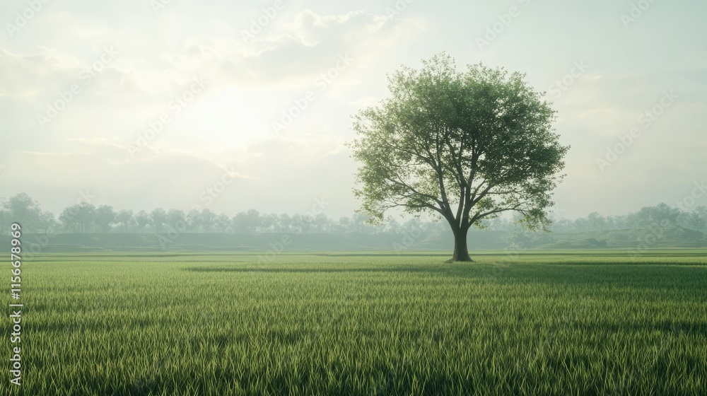 Poster lone tree in serene rice fields under a soft sky creating a peaceful agricultural landscape with lus