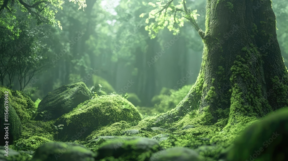 Poster mossy forest landscape with lush green trees and rocks creating a serene and tranquil natural enviro