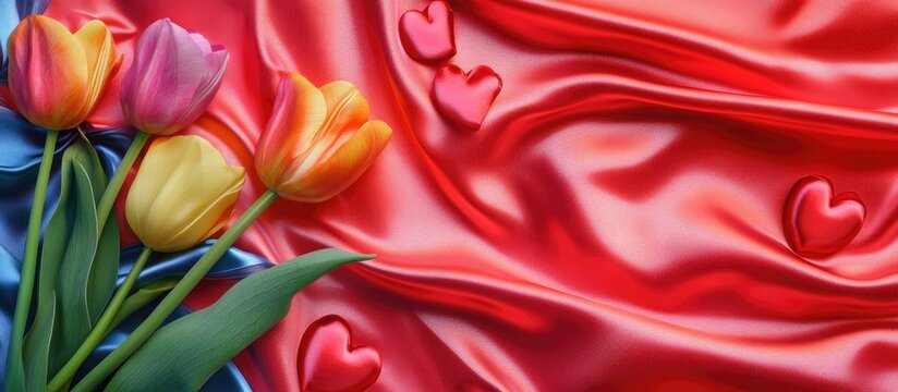Vibrant tulips and satin hearts on bold fabric backdrop ideal for greeting cards and advertising designs with customizable text space