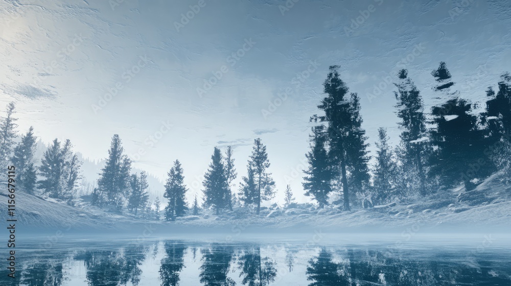 Aufkleber serene winter landscape with trees mirrored in the ice of a frozen lake under a calm sky
