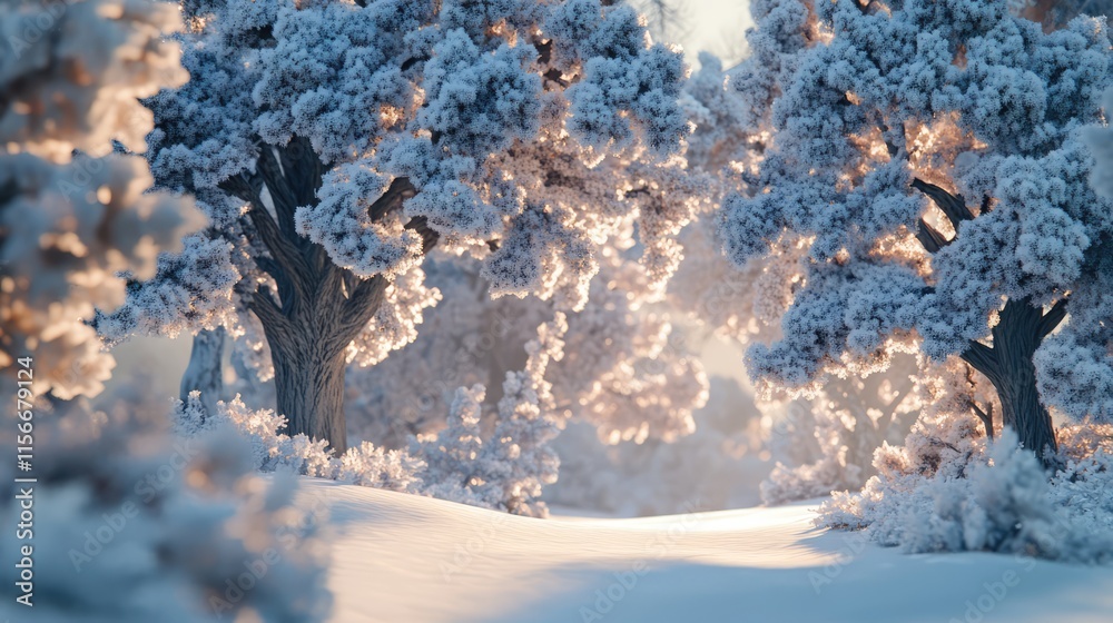 Poster Snowy winter landscape with frosted trees and a serene pathway illuminated by soft sunlight through the wintry woods