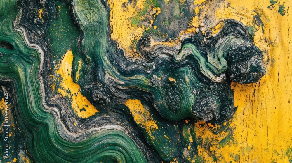 Poster swirling bark patterns on a vibrant tree trunk against a backdrop of lush green and warm yellow hues