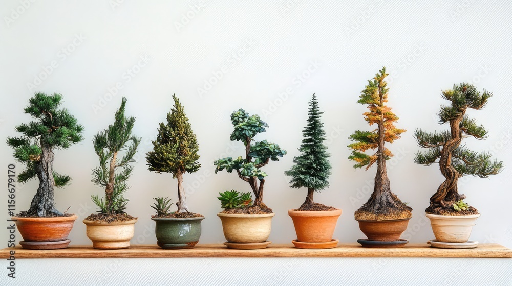 Poster assorted miniature bonsai trees in pots arranged on a wooden shelf showcasing diverse shapes and gre