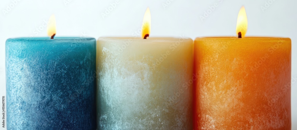 Poster Tricolor candle arrangement with vibrant hues and soft lighting on a clean white background creating a serene ambiance