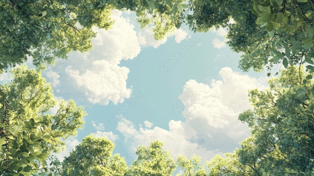 Aufkleber Framing the Sky A Scenic Natural Background of Trees and Clouds in a Tranquil Forest Setting with Bright Blue Sky Peeking Through Greenery