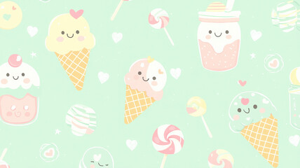 A soft mint green background featuring kawaii-style ice cream cones, lollipops, and candy jars, all with adorable faces and pastel accents, ideal for dessert-themed projects.