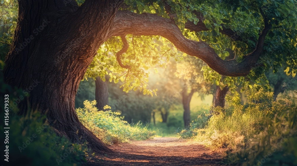 Aufkleber serene forest pathway framed by intricate tree branches illuminated by warm sunlight