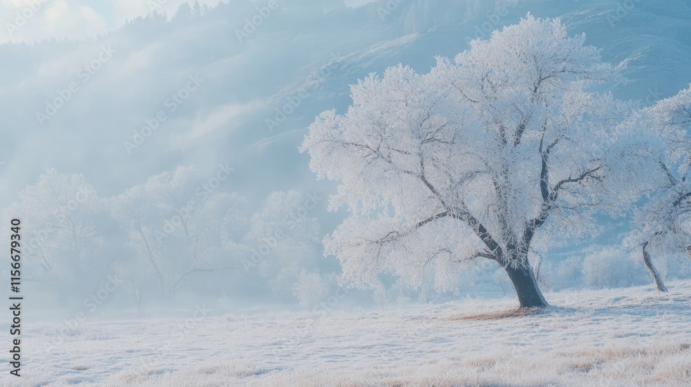 Poster frosty trees in a serene winter landscape with snow-covered mountains in the background under a soft