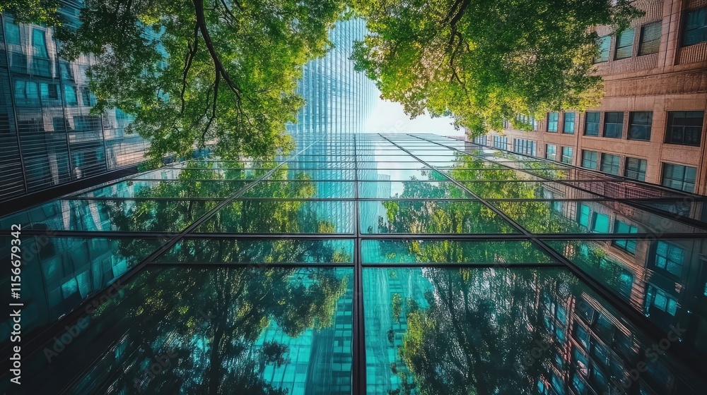Poster trees and urban buildings reflected in modern glass facades showcasing nature and architecture harmo