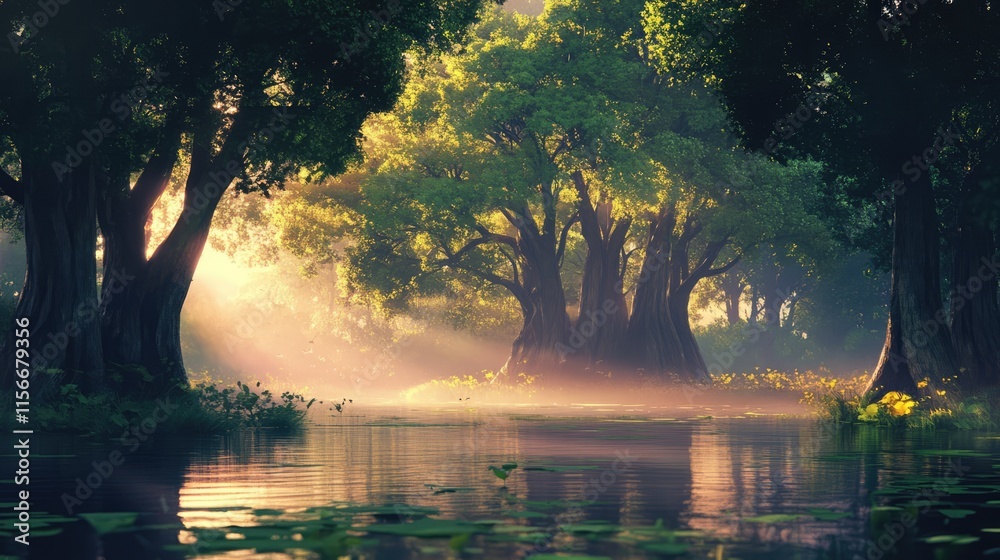 Poster Serene landscape of lush trees growing in a tranquil swamp illuminated by soft sunlight and reflected in calm waters