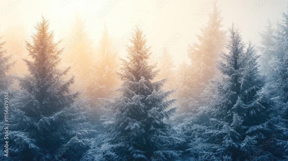 Aufkleber Winter mist enveloping frosted evergreen trees in a serene landscape creating a calming and ethereal atmosphere.