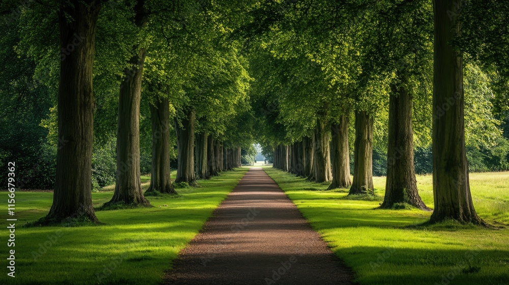 Aufkleber Lush green tree-lined pathway in a serene park setting with soft sunlight illuminating the scenery
