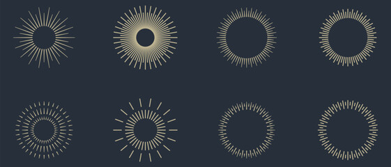 Vintage sunburst set collection. Logotype or lettering hand drawn design element. Bursting golden sun rays sunrise firework starburst blast burst sunset star. Radial sunset beams. Vector illustration.