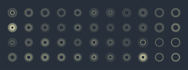 Vintage sunburst set collection. Logotype or lettering hand drawn design element. Bursting golden sun rays sunrise firework starburst blast burst sunset star. Radial sunset beams. Vector illustration.
