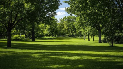 Lush green park landscape with trees casting shadows on grass under a clear blue sky