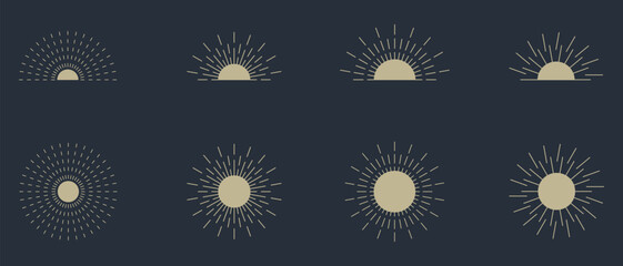 Vintage sunburst set collection. Logotype or lettering hand drawn design element. Bursting golden sun rays sunrise firework starburst blast burst sunset star. Radial sunset beams. Vector illustration.