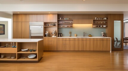 Cozy and Functional Mid Century Modern Kitchen Design with Warm Wooden Cabinetry Minimalist Appliances and Streamlined Aesthetic