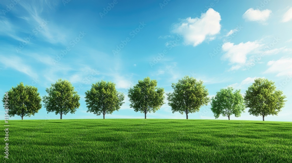 Poster lush green meadow with row of trees under bright blue sky and wispy clouds