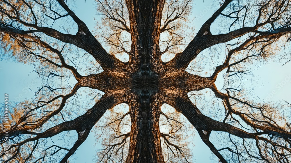 Poster Symmetrical view of a bare tree branches against a clear blue sky showcasing intricate patterns and natural beauty in winter.