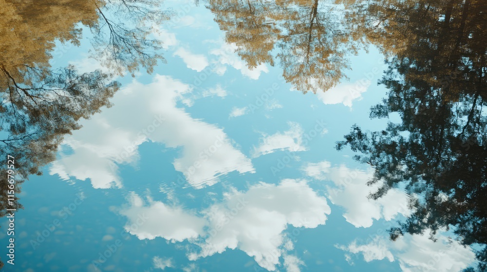 Aufkleber trees and clouds reflecting in a tranquil lake under a clear blue sky on a sunny day showcasing natu