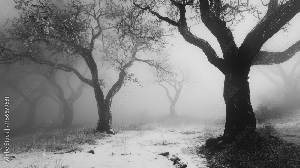 Poster Misty winter landscape with snow-covered trees shrouded in fog creating a serene and atmospheric scene in black and white.