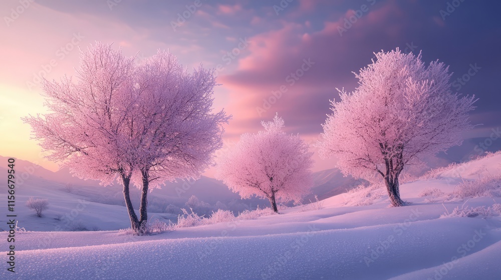 Poster frosted trees in a serene winter landscape at sunset with soft colorful skies and a blanket of snow 
