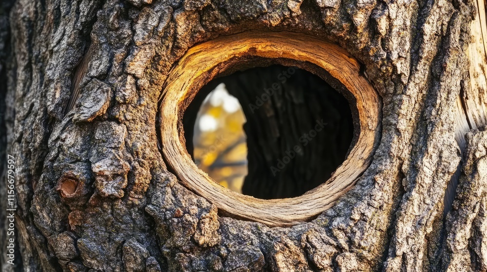 Aufkleber Tree bark with circular hollow creating a natural frame showcasing the intricate texture and patterns of the wood.