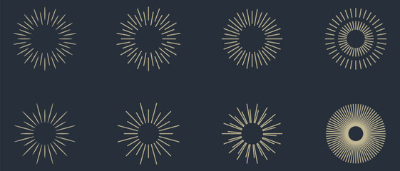 Vintage sunburst set collection. Logotype or lettering hand drawn design element. Bursting golden sun rays sunrise firework starburst blast burst sunset star. Radial sunset beams. Vector illustration.