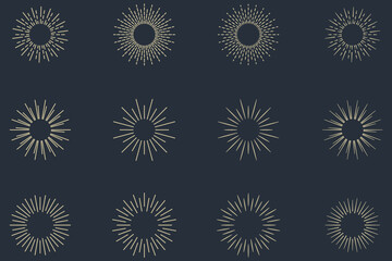 Vintage sunburst set collection. Logotype or lettering hand drawn design element. Bursting golden sun rays sunrise firework starburst blast burst sunset star. Radial sunset beams. Vector illustration.