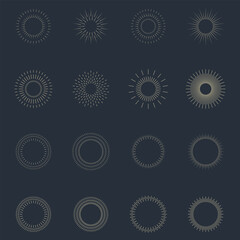 Vintage sunburst set collection. Logotype or lettering hand drawn design element. Bursting golden sun rays sunrise firework starburst blast burst sunset star. Radial sunset beams. Vector illustration.
