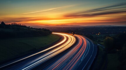 Stunning sunset over a winding road with vibrant light trails creating a sense of motion and tranquility.
