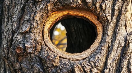 Tree bark with circular hollow creating a natural frame showcasing the intricate texture and patterns of the wood.