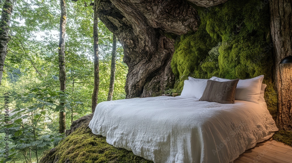 Poster tree trunk wall with lush green moss creating a natural bed in a serene summer forest environment
