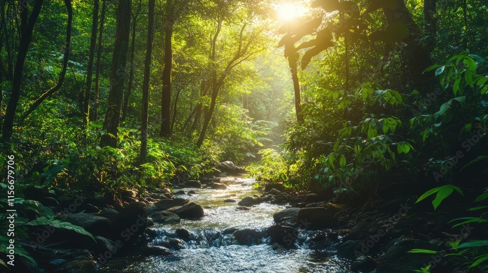 Poster Lush Green Forest with Stream and Sunlight Filtering Through Trees