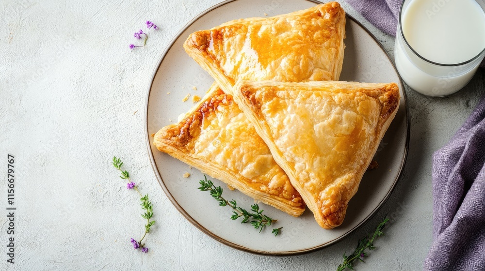 Poster triangular puff pastry pies served with a glass of milk on a textured background showcasing a cozy d