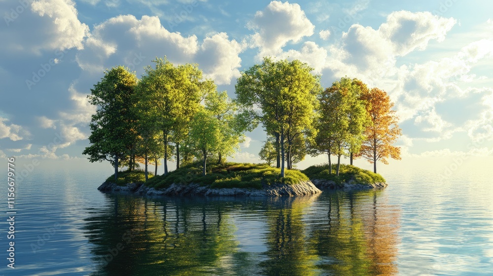 Poster serene island with vibrant trees reflecting on calm water under a clear sky showcasing nature's tran